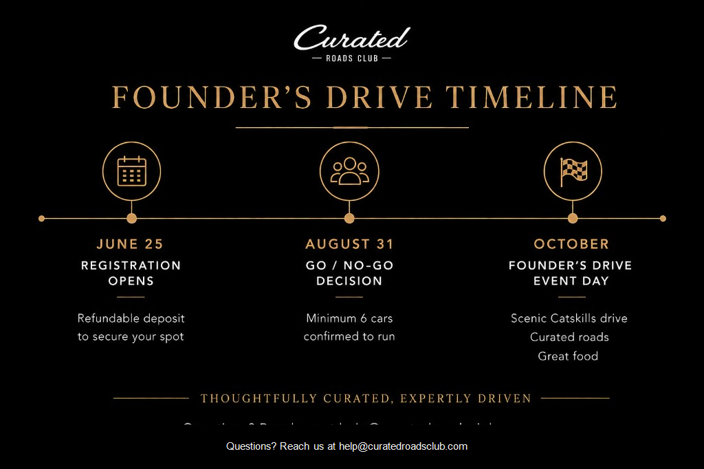 Founder’s Drive timeline: June 25 registration opens with refundable deposit; August 31 go or no-go decision with minimum 6 cars confirmed; October Founder’s Drive event day with scenic Catskills drive, curated roads, and great food.